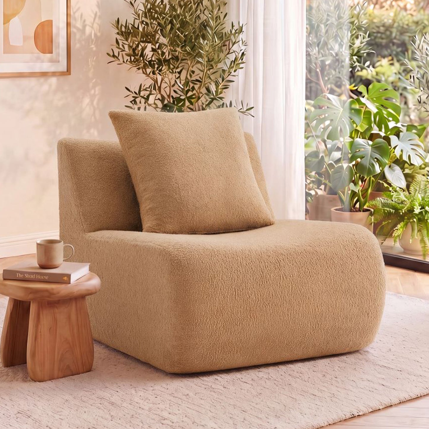 Modern Armless Sofa and Teddy Fabric Pillow Set