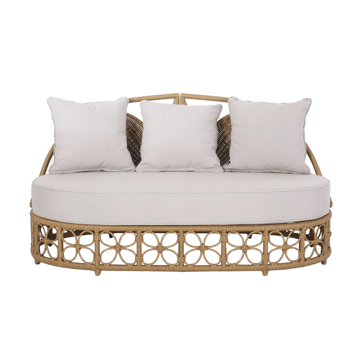 Outdoor wicker daybed with three beige cushions and a light brown frame by HouseOfZazla on Tampa Home & Garden Store
