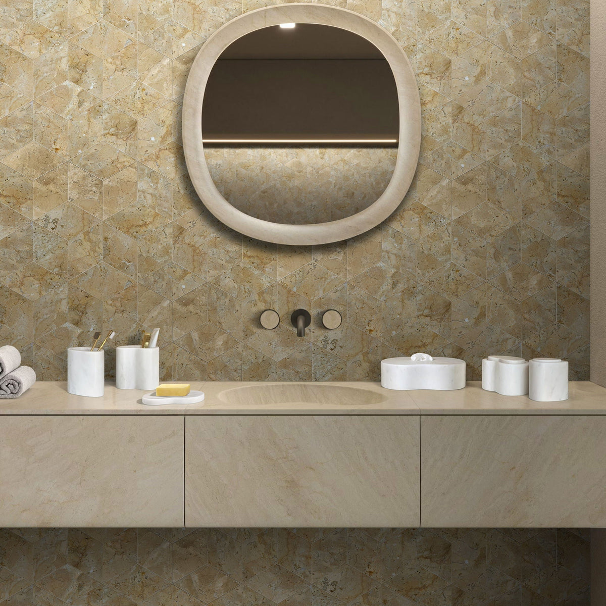 Elegant marble bathroom accessories set by HouseOfZazla with marble canisters and soap dish on Tampa Home & Garden Store