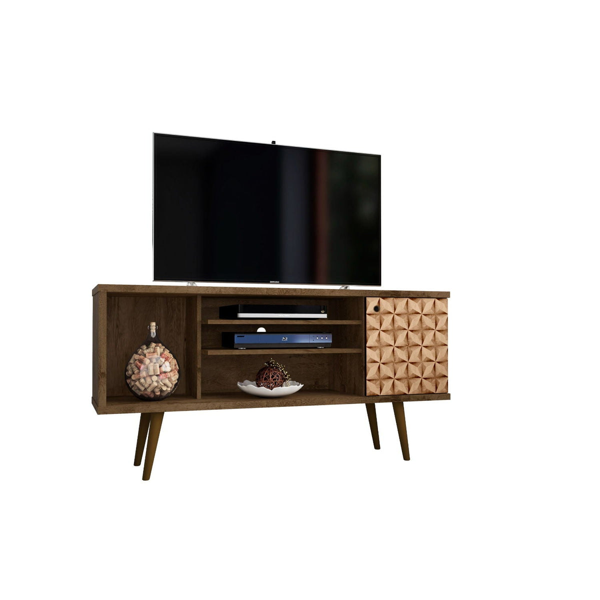 Smart Storage TV Stand with dark brown wood legs; TV on top, shelves for media devices on Tampa Home & Garden Store