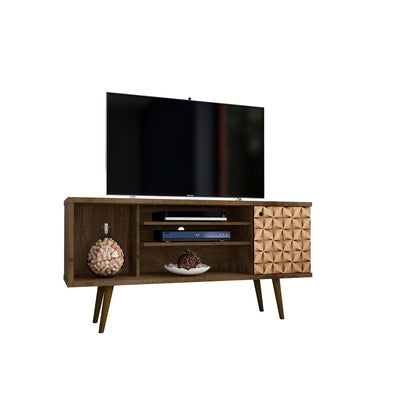 Smart Storage TV Stand with dark brown wood legs; TV on top, shelves for media devices on Tampa Home & Garden Store