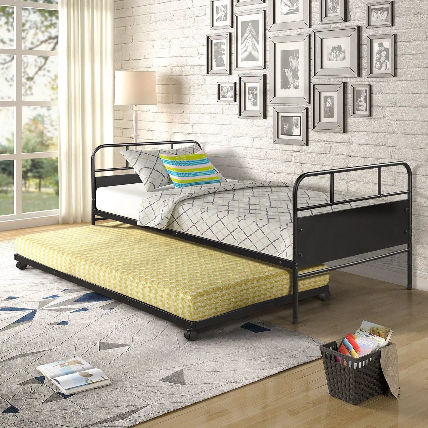 Twin Daybed Frame with Trundle Casters Black