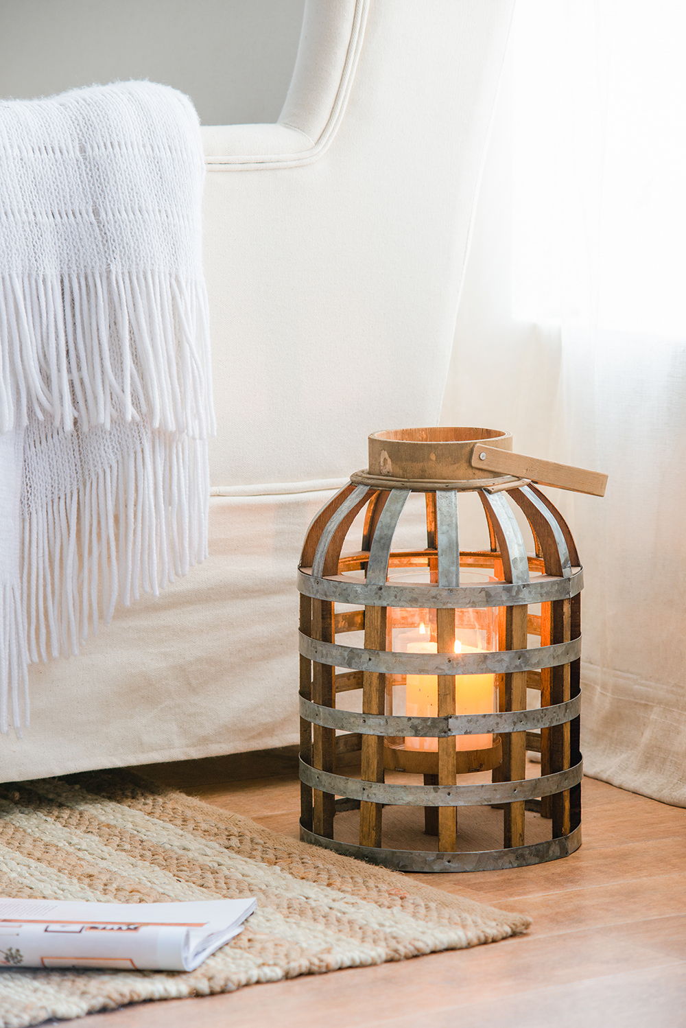 Decorative lantern with handle, HouseOfZazla wooden lattice frame and candle inside on Tampa Home & Garden Store