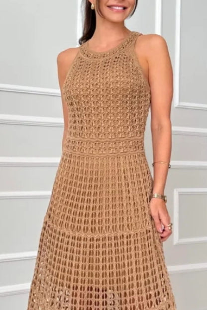 Long sleeveless crochet maxi dress tan by Stevvex with open lattice pattern on Tampa Home & Garden Store