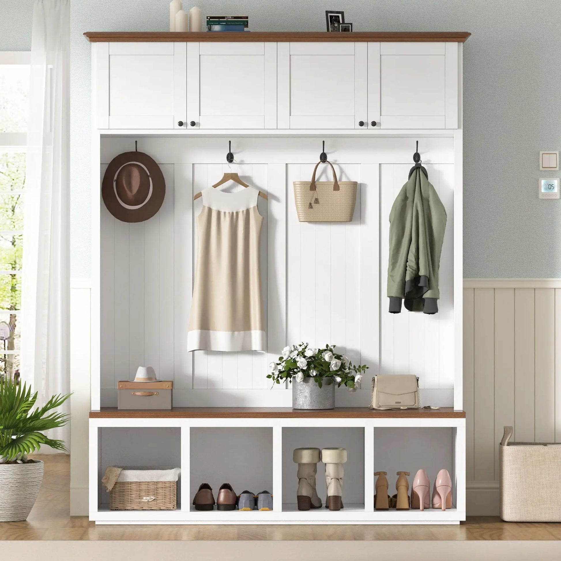 Entryway hall tree with bench and storage, white with wood top, coat hooks and baskets on Tampa Home & Garden Store