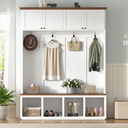 Entryway hall tree with bench and storage, white with wood top, coat hooks and baskets on Tampa Home & Garden Store