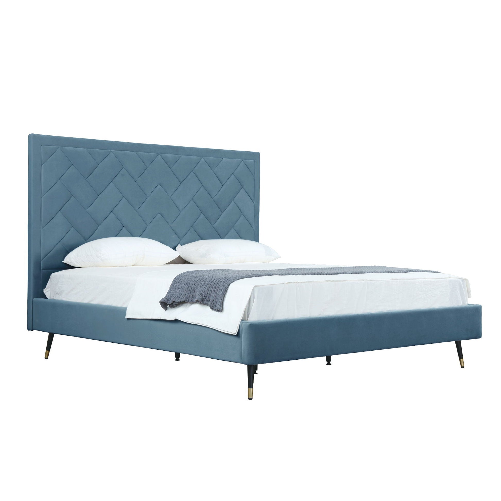 Crosby upholstered bed with diamond-tufted blue headboard and slats by HouseOfZazla on Tampa Home & Garden Store
