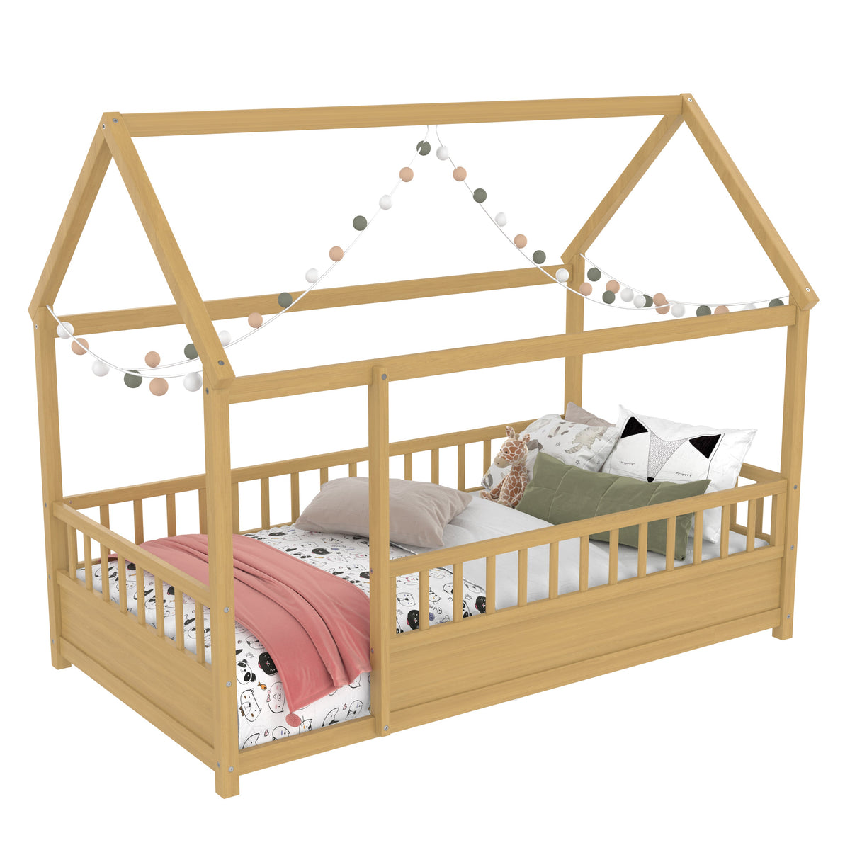 Twin size pine bed frame by HouseOfZazla with house-roof frame and string lights on Tampa Home & Garden Store