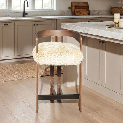 HouseOfZazla low-back counter stool with cream sheepskin seat on dark brown wood frame on Tampa Home & Garden Store