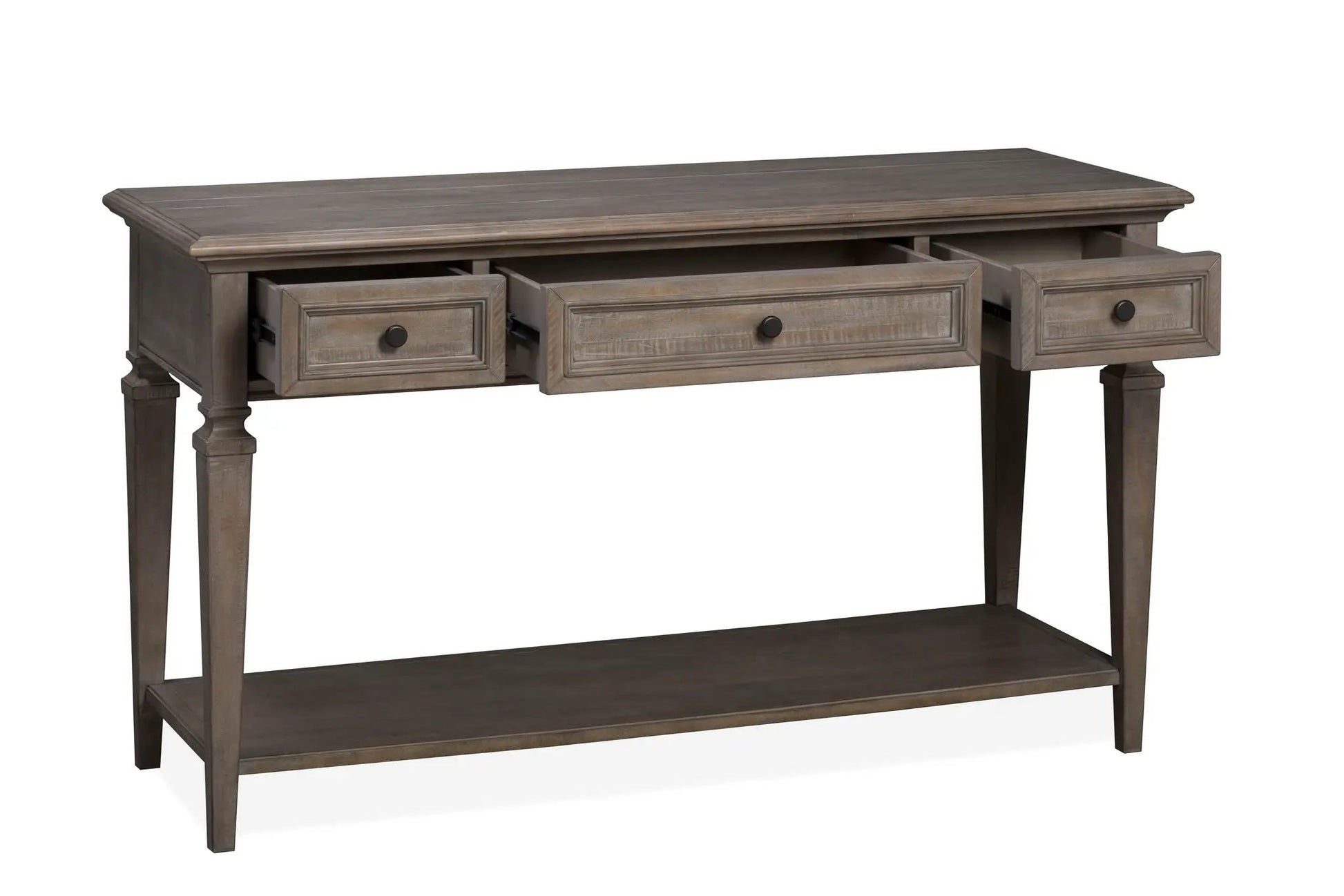 Lancaster Rectangular Sofa Table in Dove Tail Gray with three front drawers and carved legs on Unique Piece Furniture on Tampa Home & Garden Store