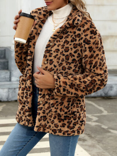 Women's leopard print fuzzy button-up jacket with drop-shoulder styling in tan brown tones on Tampa Home & Garden Store