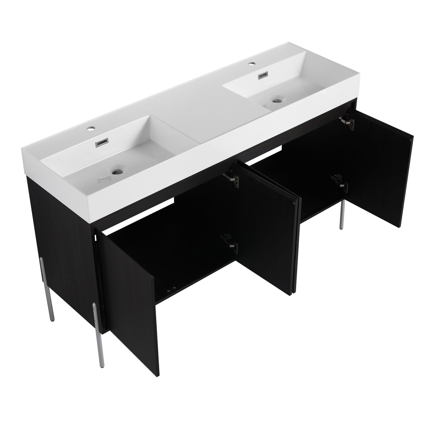 Freestanding bathroom vanity with white resin sink atop a black storage cabinet, doors open on Tampa Home & Garden Store