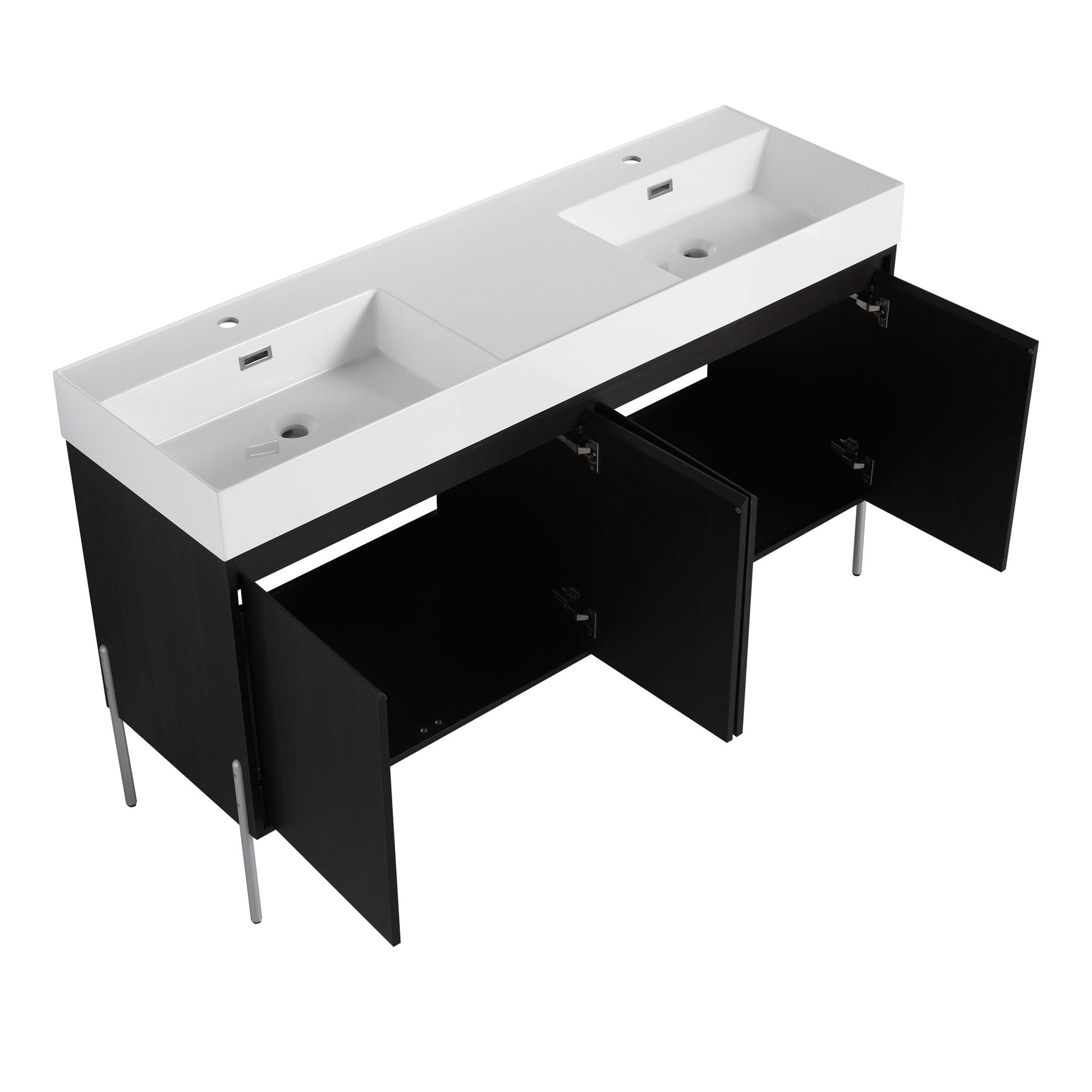 Freestanding bathroom vanity with white resin sink atop a black storage cabinet, doors open on Tampa Home & Garden Store