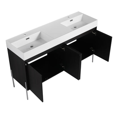 Freestanding bathroom vanity with white resin sink atop a black storage cabinet, doors open on Tampa Home & Garden Store