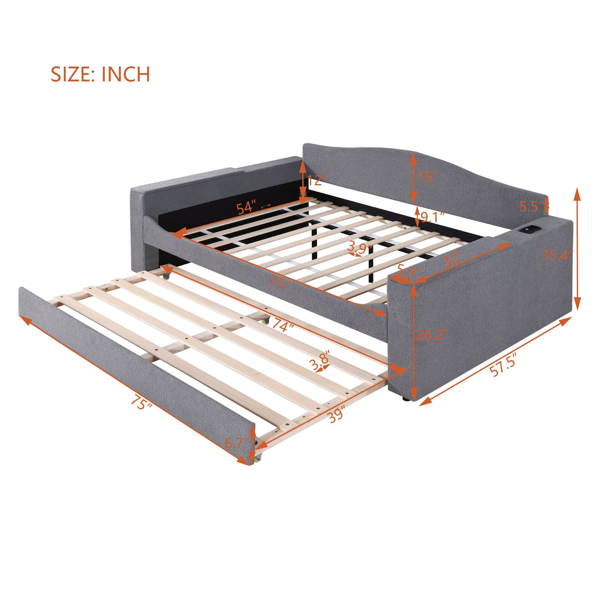 Upholstered daybed with storage armrests and trundle, grey fabric bed frame by HouseOfZazla on Tampa Home & Garden Store