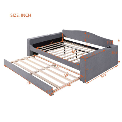 Upholstered daybed with storage armrests and trundle, grey fabric bed frame by HouseOfZazla on Tampa Home & Garden Store