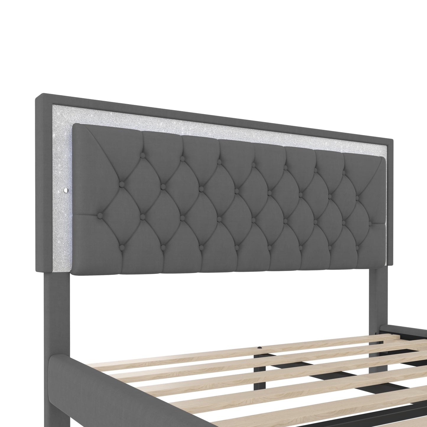Queen size upholstered bed by HouseOfZazla with tufted gray headboard and wood slat base on Tampa Home & Garden Store