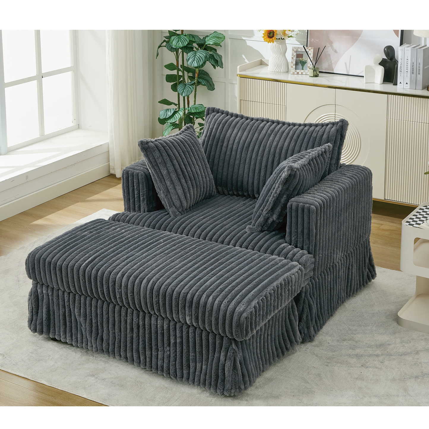 Oversized Corduroy Chaise Lounge with Ottoman in Dark Gray by HouseOfZazla on Tampa Home & Garden Store