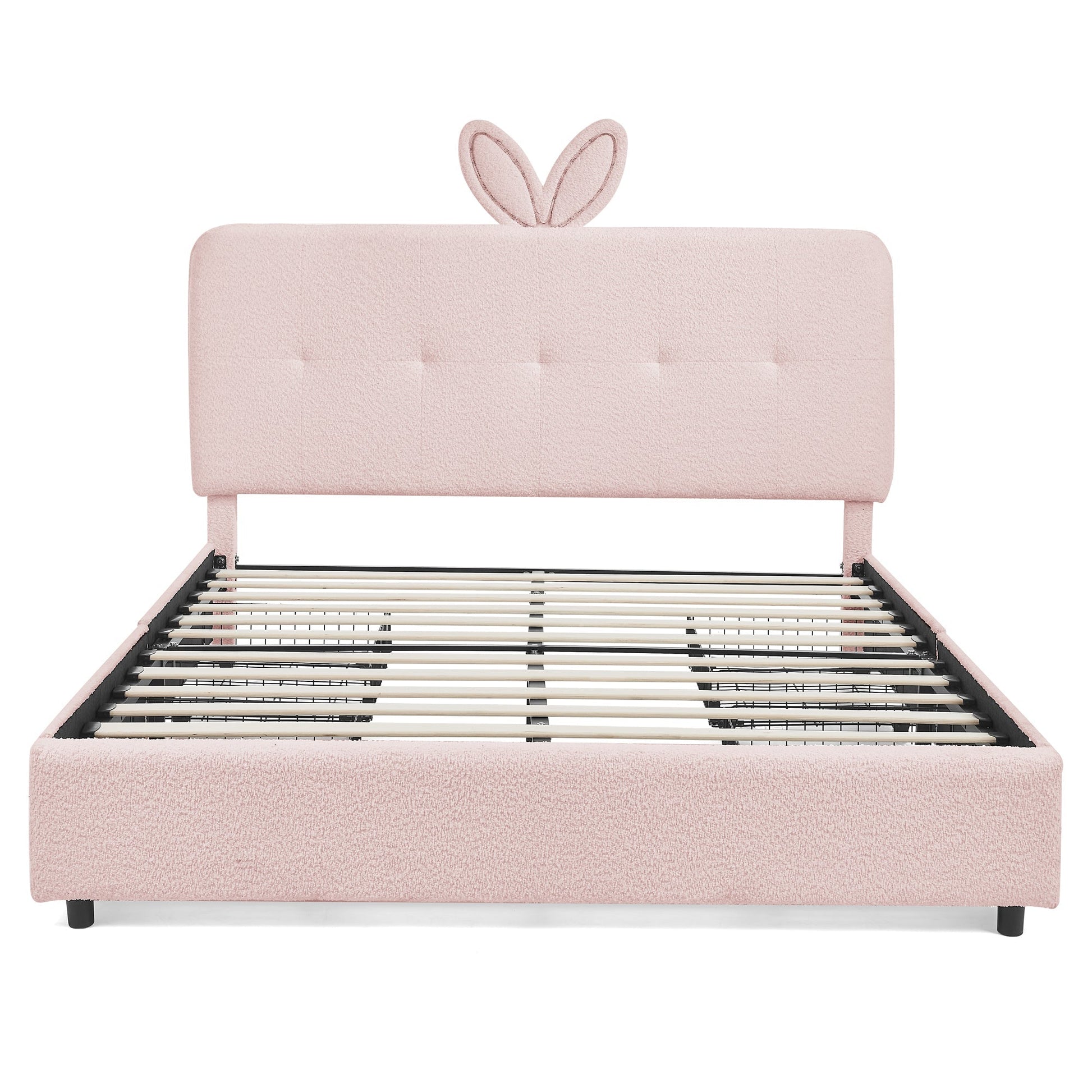 Queen Size Kids Upholstered Bed with Rabbit Ear Headboard and Storage in blush pink fabric on Tampa Home & Garden Store