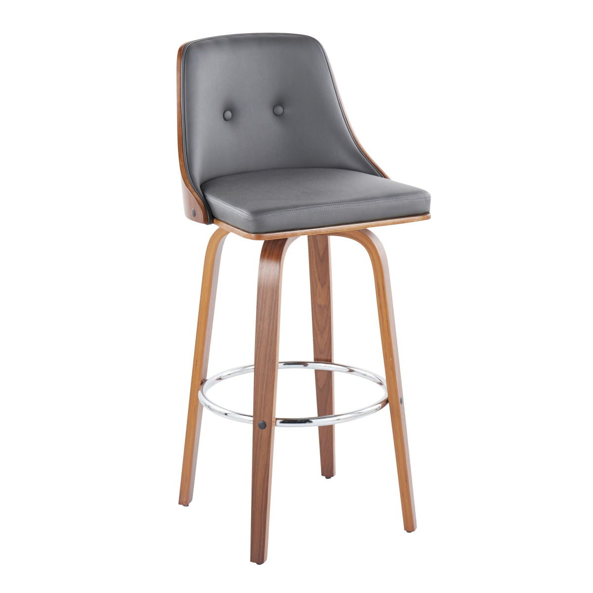 Mid-Century Modern Swivel Barstool with gray faux leather seat and curved wood legs, footrest on Tampa Home & Garden Store