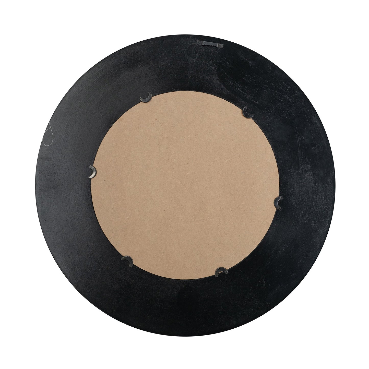 29.5-inch round black wooden accent mirror with woven texture, brown backing and mounting clips on Tampa Home & Garden Store