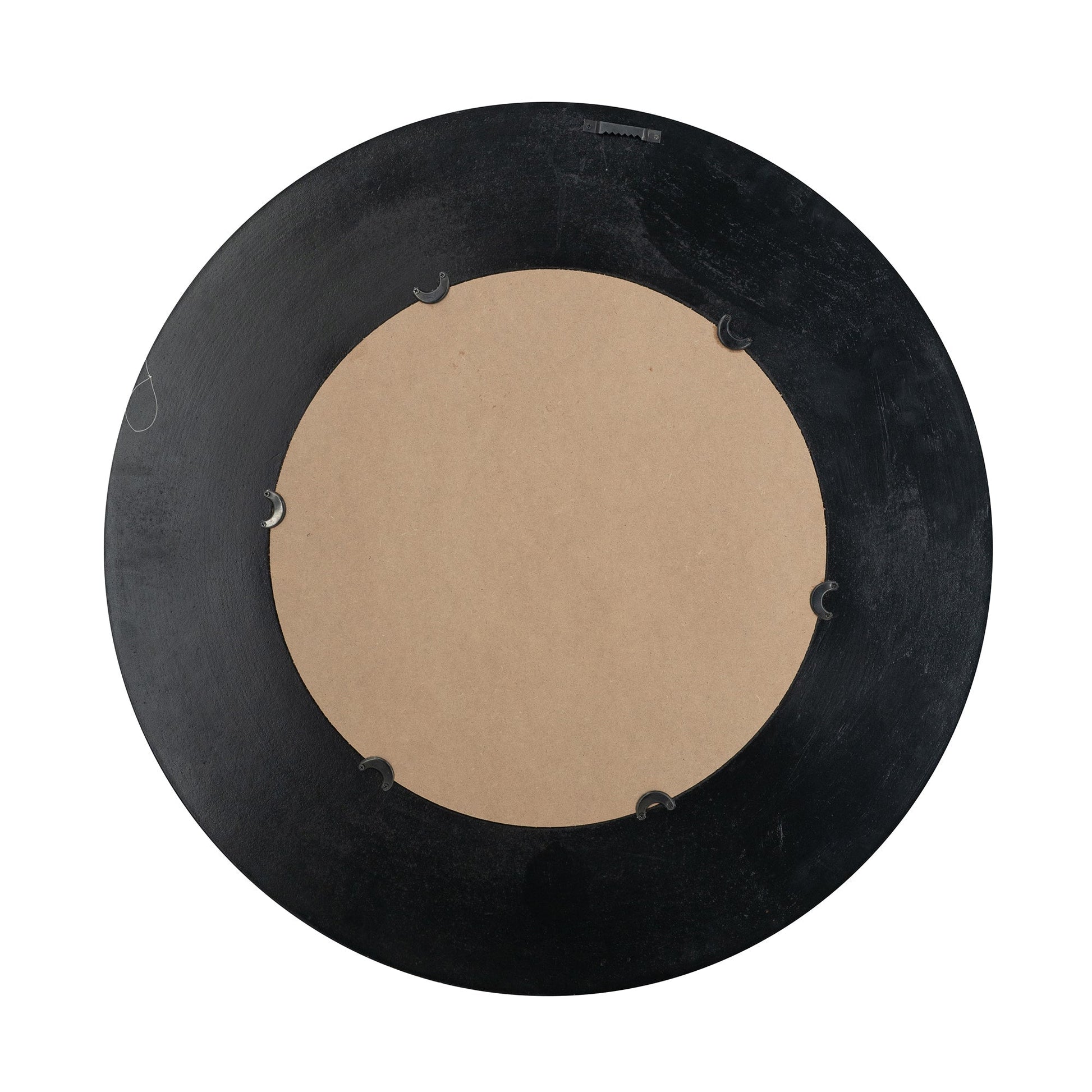 29.5-inch round black wooden accent mirror with woven texture, brown backing and mounting clips on Tampa Home & Garden Store
