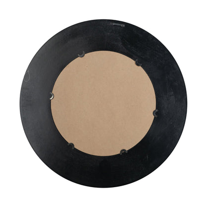 29.5-inch round black wooden accent mirror with woven texture, brown backing and mounting clips on Tampa Home & Garden Store