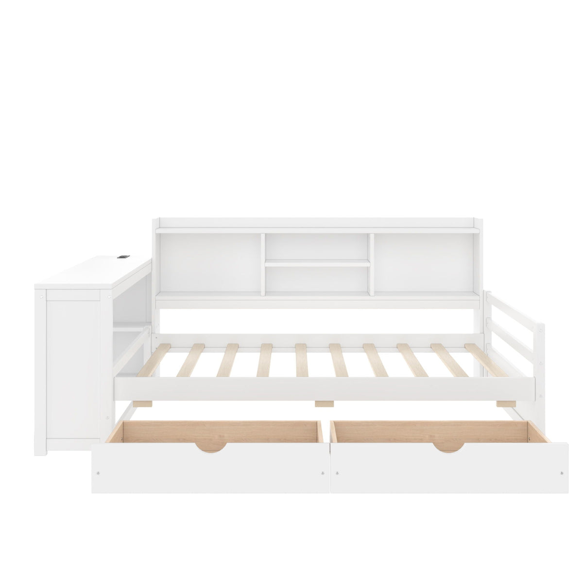 White corner daybed with desk, bookcase and storage drawers; wooden slat base, HouseOfZazla on Tampa Home & Garden Store