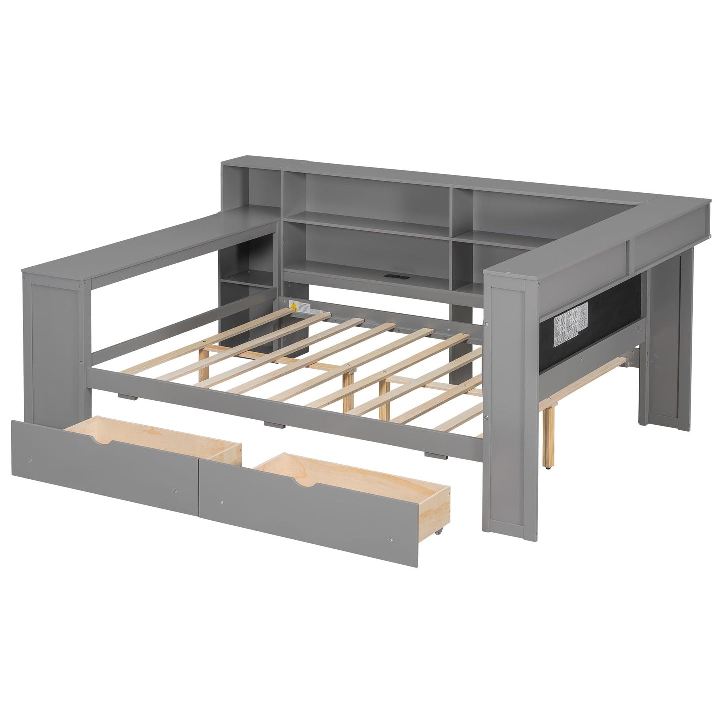 Gray platform bed frame with built-in storage shelves and drawers, slatted base visible on Tampa Home & Garden Store