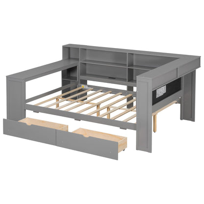 Gray metal platform bed with built-in open storage shelves and front drawers, wood slat base on Tampa Home & Garden Store