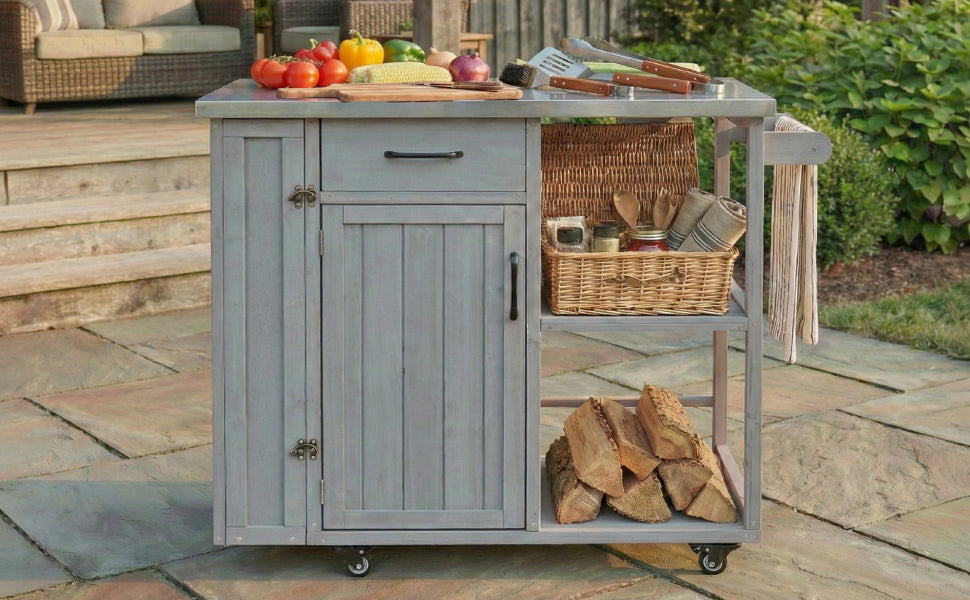 Outdoor Kitchen Island Fir Wood Prep Station with Stainless Steel Top cabinet and drawer on Tampa Home & Garden Store