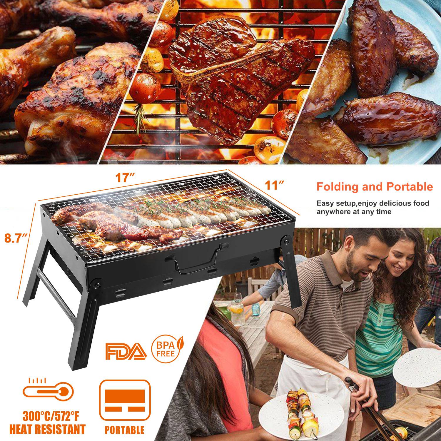 GemGear portable foldable charcoal grill with black grate for camping and picnics on Tampa Home & Garden Store