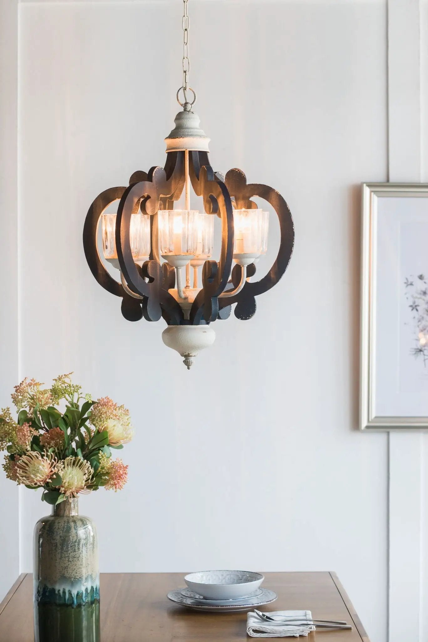 Wood farmhouse 6-light chandelier pendant with cream finish and glass shades for kitchen on Tampa Home & Garden Store