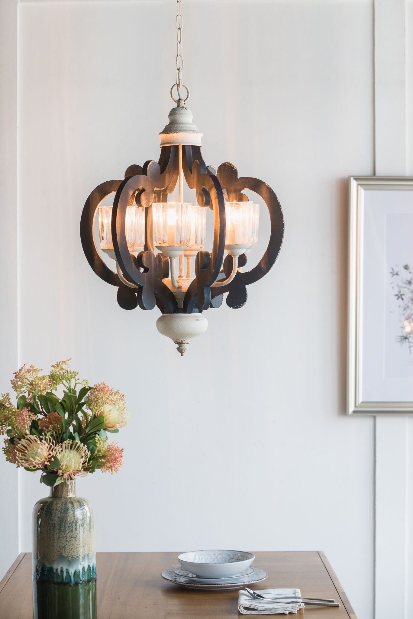 Wood Chandelier 6 Light Farmhouse Pendant with cream finish and scrolls by HouseOfZazla on Tampa Home & Garden Store
