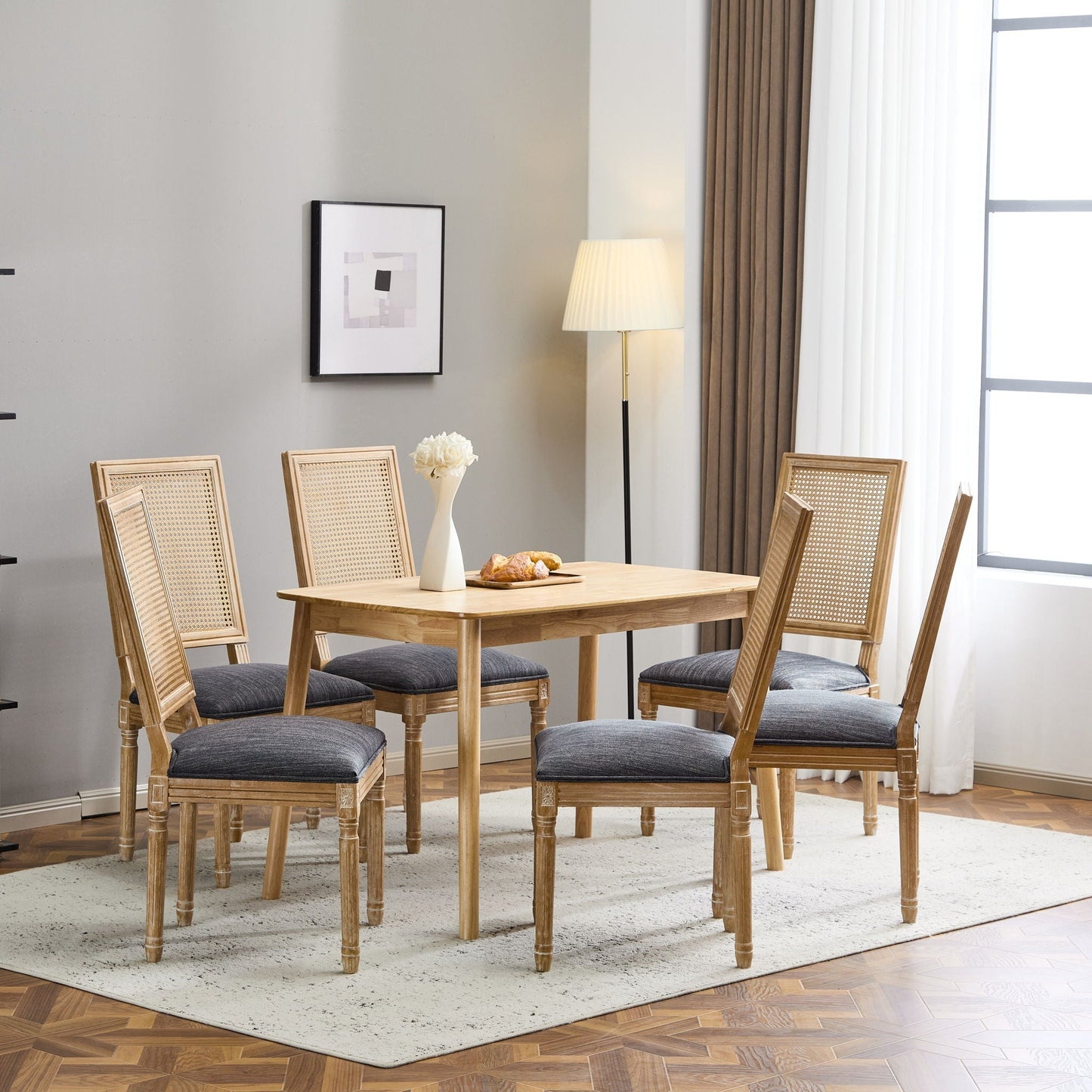 French Country dining chair with rectangular cane backrest and gray upholstered seat, side chairs on Tampa Home & Garden Store