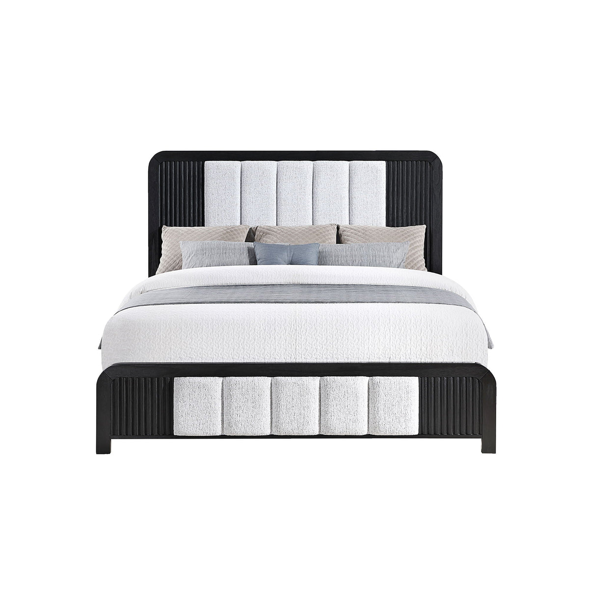 Beverly bed with fluted detailing, black panel bed frame with light gray upholstered headboard panels and neutral bedding on Tampa Home & Garden Store