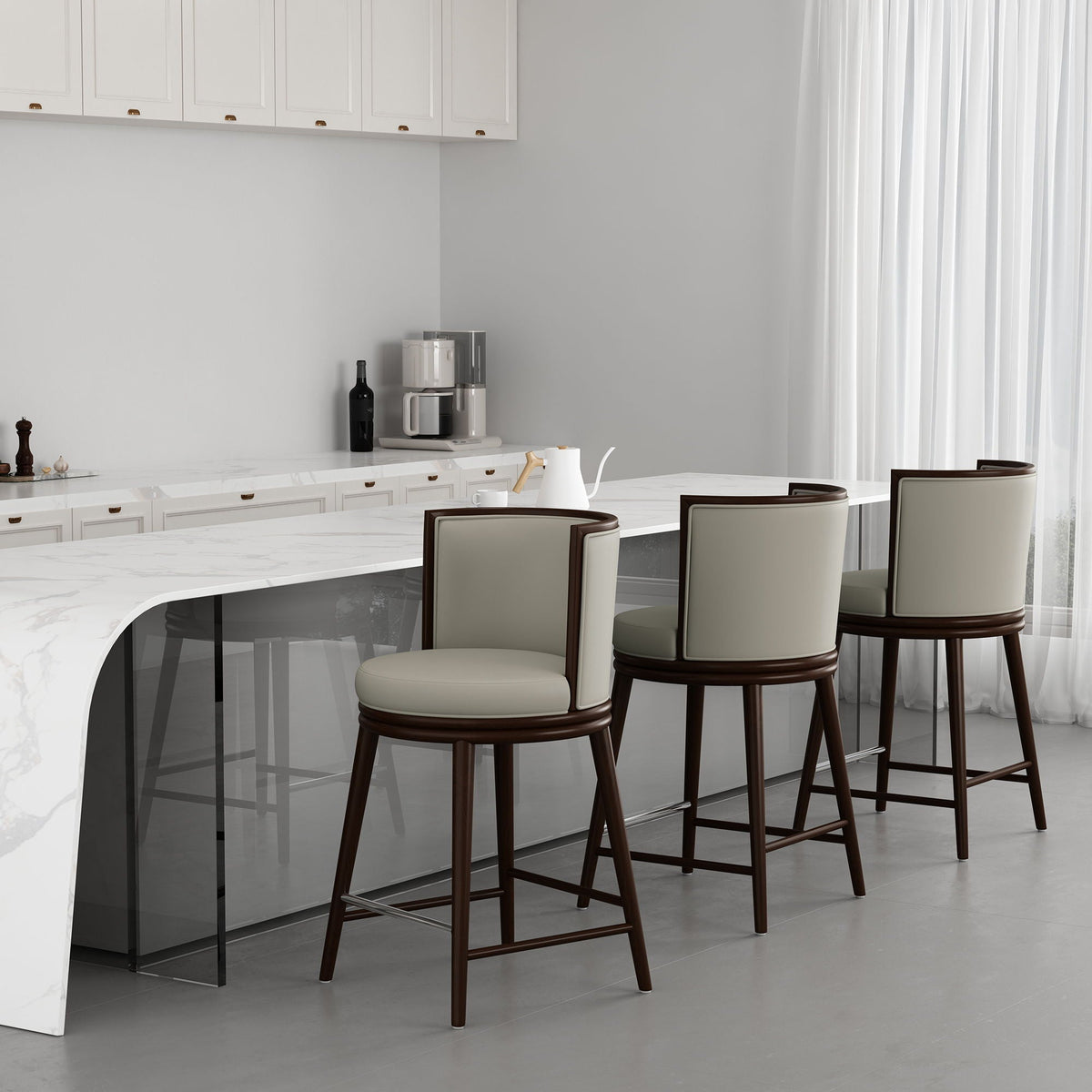 Evalyn Counter Stool set of 3; cream seats, dark wood frames, counter-height stools on Tampa Home & Garden Store