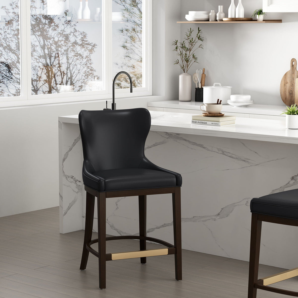 Blair Counter Stool with Backrest, black faux leather, dark wood legs, 24–27, HouseOfZazla on Tampa Home & Garden Store