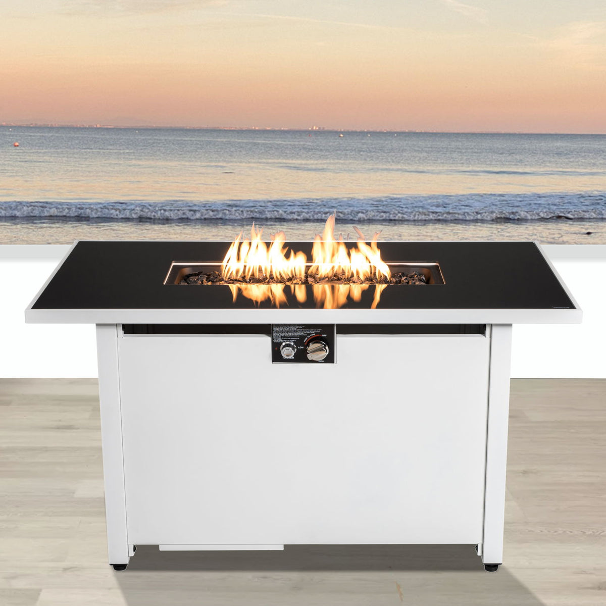 Outdoor fire pit table with white frame and black top, 50,000 BTU burner by HouseOfZazla on Tampa Home & Garden Store