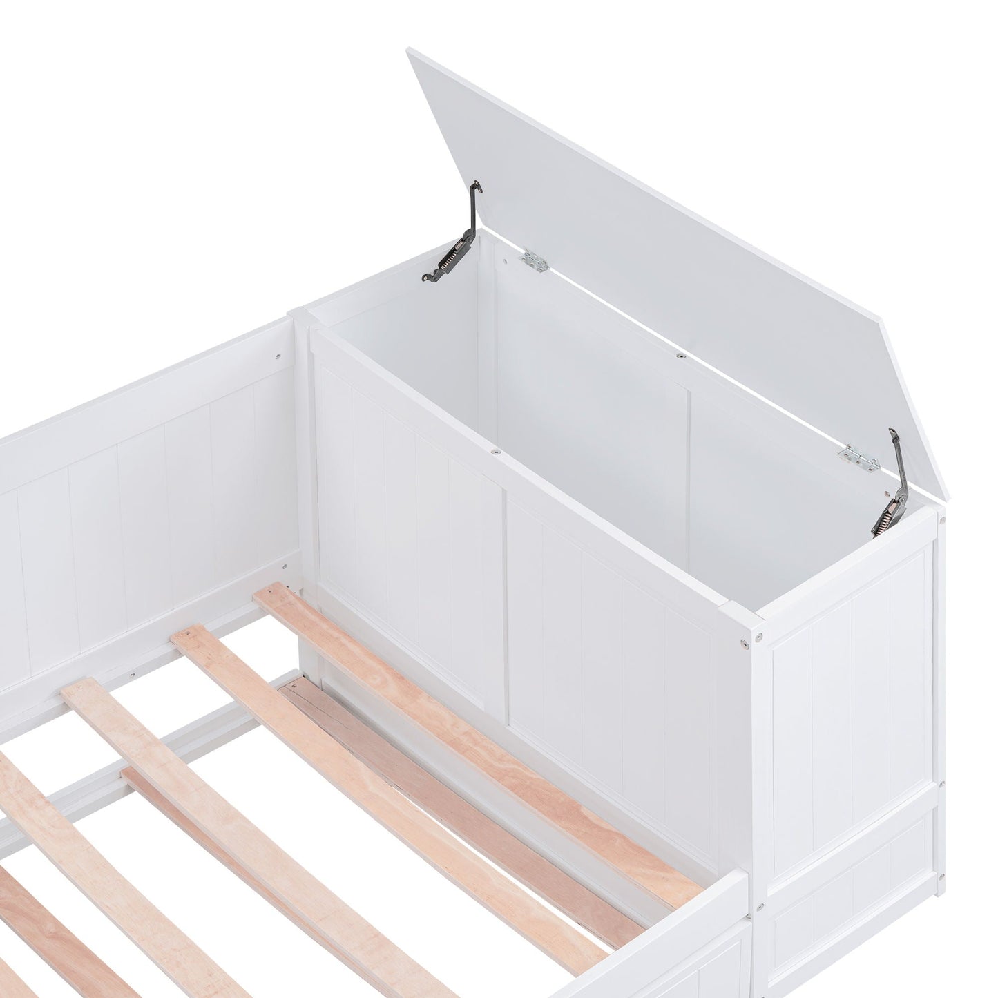 White wooden daybed frame with open storage lid showing interior storage space and metal hinges on Tampa Home & Garden Store