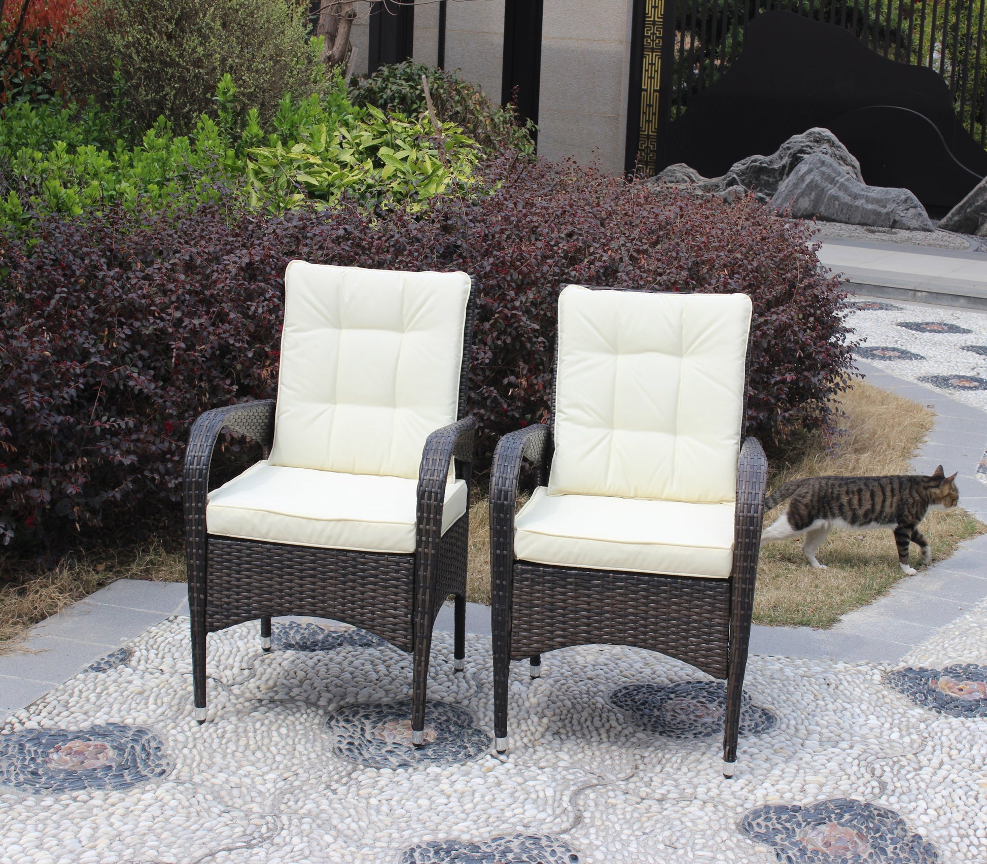 2-Piece Liberatore dining chairs with beige cushions, wicker outdoor chair set by HouseOfZazla on Tampa Home & Garden Store