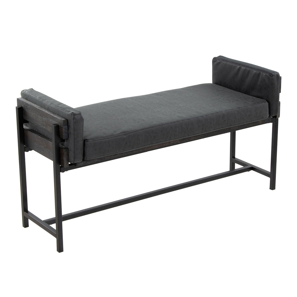 Farmhouse Luxe Upholstered Bench with Wood Panel Accent, dark gray faux leather on Tampa Home & Garden Store