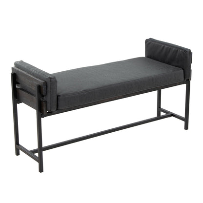 Farmhouse Luxe Upholstered Bench with Wood Panel Accent, dark gray faux leather on Tampa Home & Garden Store