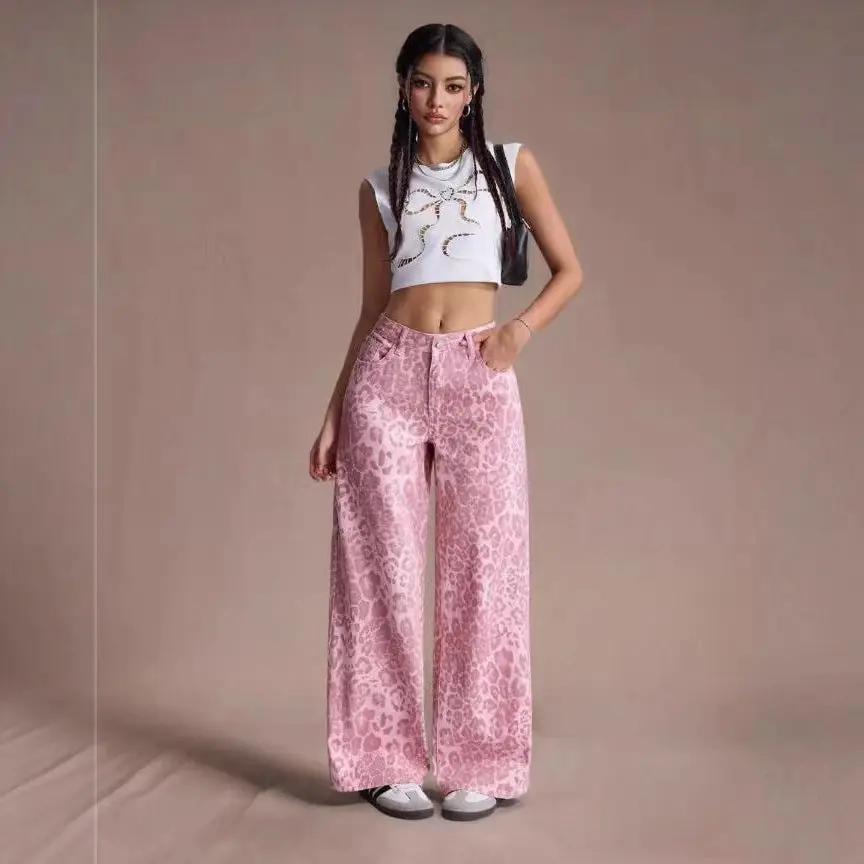Women's loose-fit straight wide-leg pink leopard print jeans FLIPSTYLEZLLC on Tampa Home & Garden Store