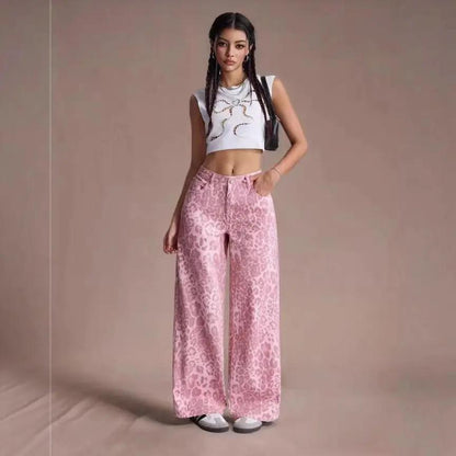 Women's loose-fit straight wide-leg pink leopard print jeans FLIPSTYLEZLLC on Tampa Home & Garden Store
