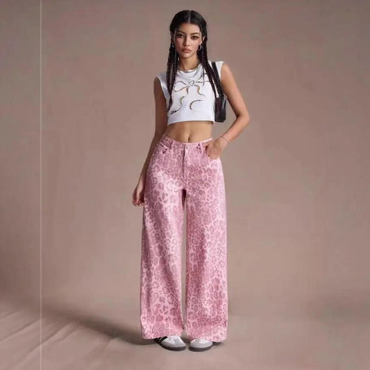 Women's loose-fit straight wide-leg pink leopard print jeans FLIPSTYLEZLLC on Tampa Home & Garden Store