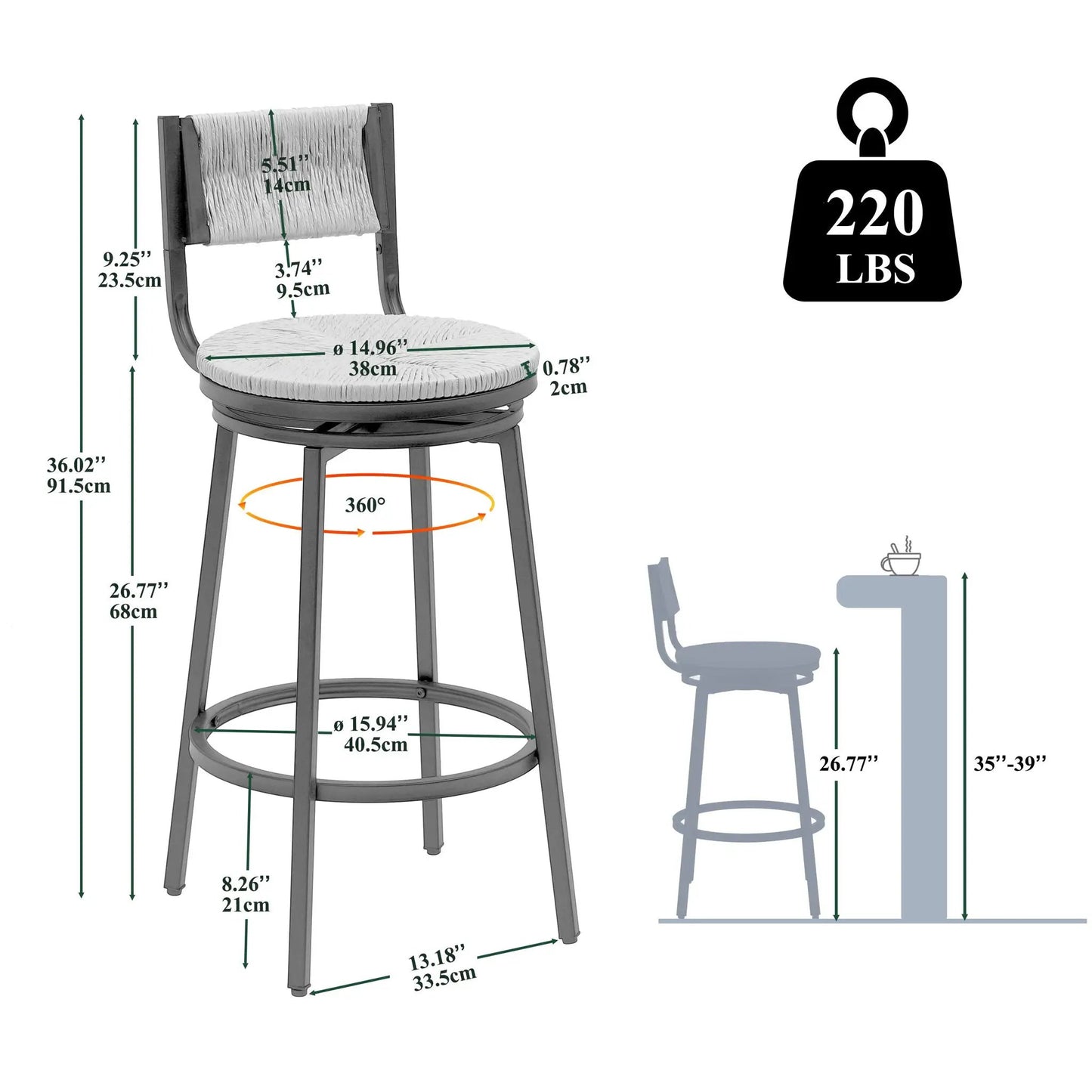 Bar stools swivel counter chairs with metal frame and handwoven paper rope seats set of 2 on Tampa Home & Garden Store