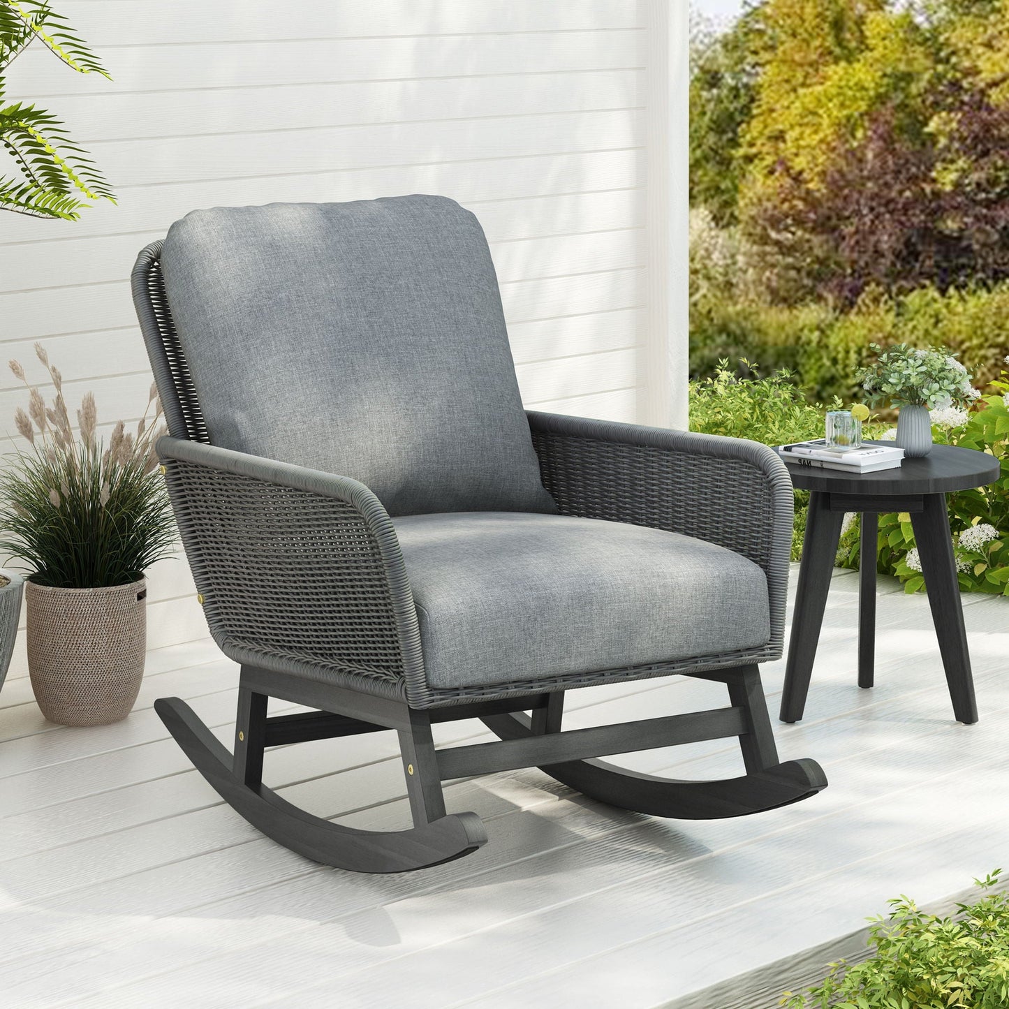 Contemporary minimalist wicker rocking chair with gray cushions by HouseOfZazla on Tampa Home & Garden Store