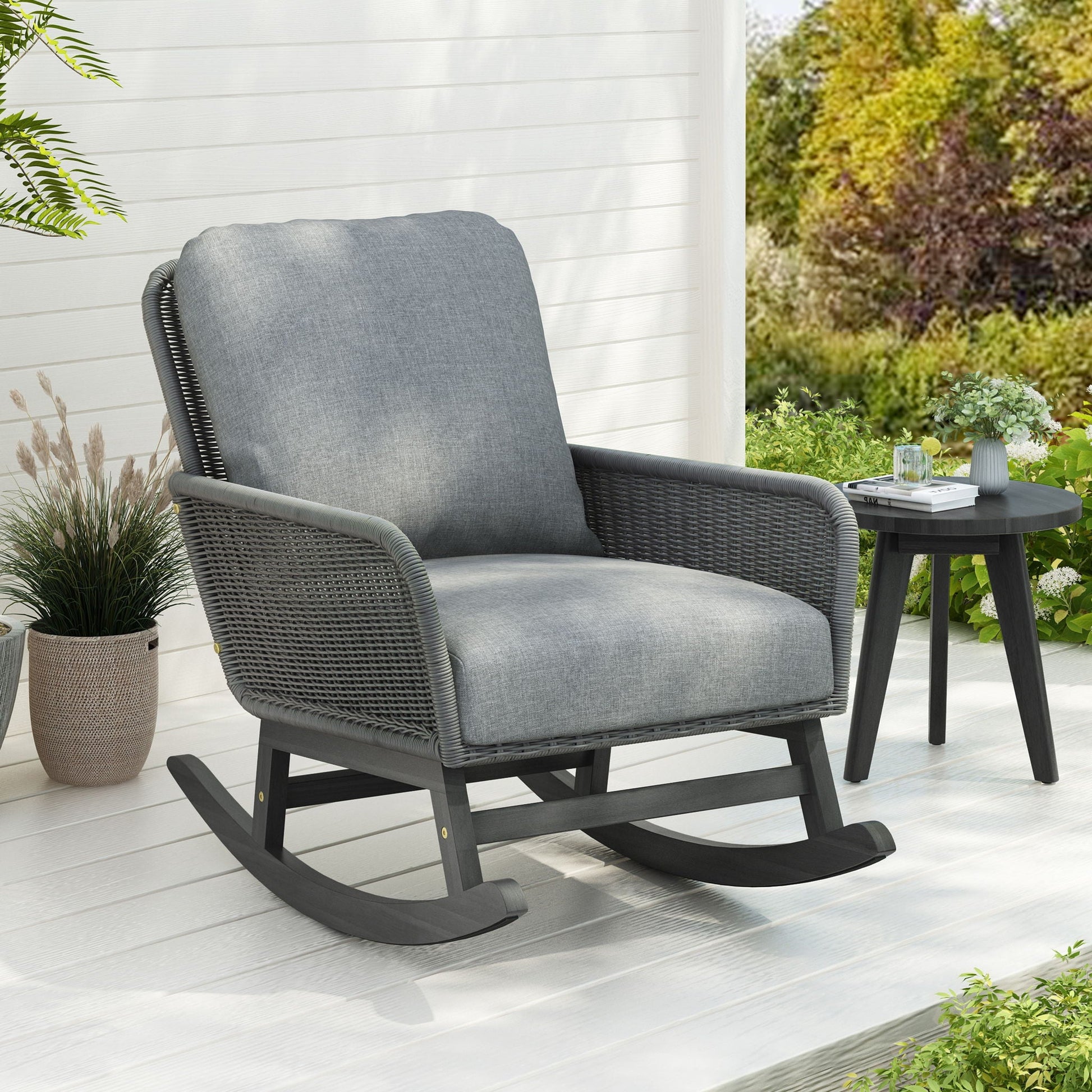 Contemporary minimalist wicker rocking chair with gray cushions by HouseOfZazla on Tampa Home & Garden Store