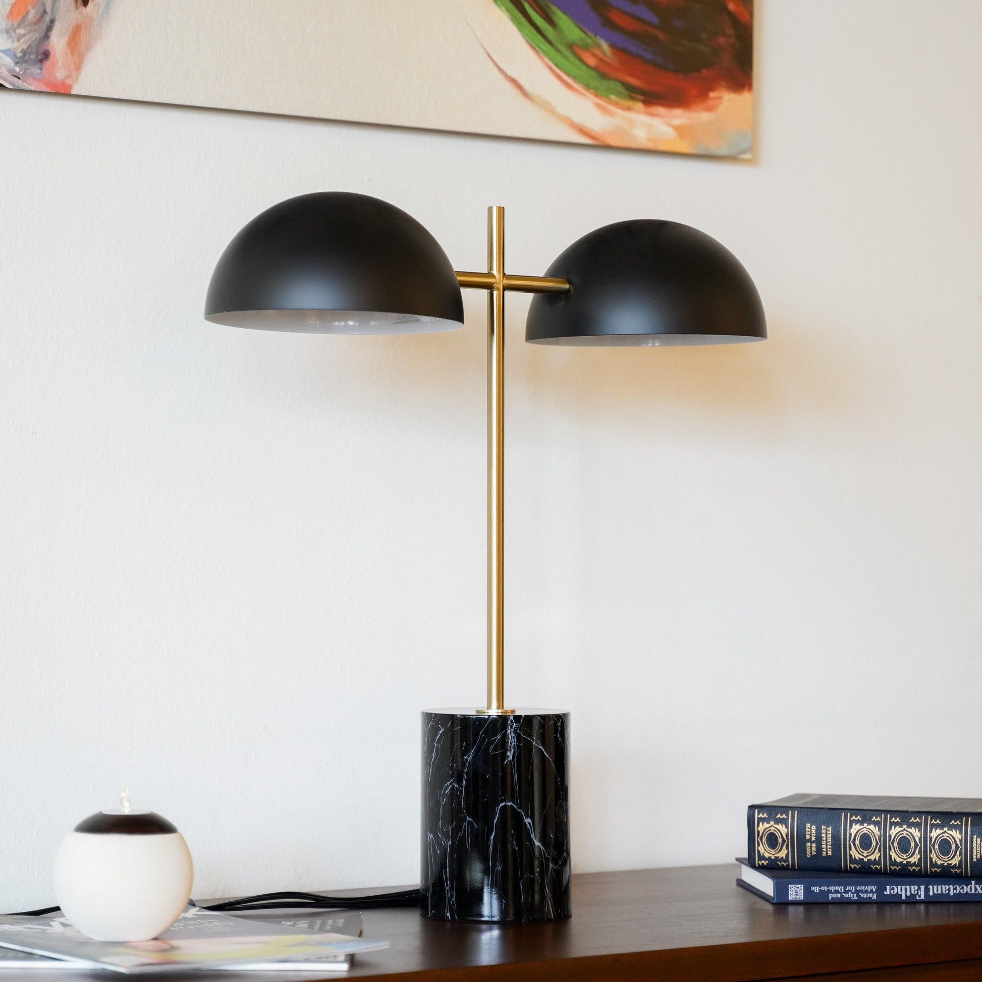 Nova hydro double table lamp with black shades, brass stem, marble base beside ceramic lamp on Tampa Home & Garden Store